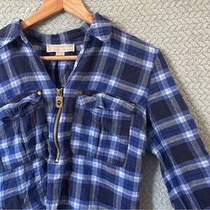 Michael Kors Blue Plaid 1/2 Zip Flannel Pullover Casual Chic Prep Luxury Gold